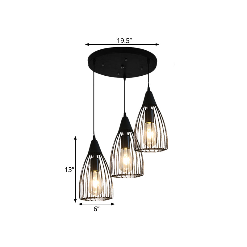 Retro Style Conic Ceiling Fixture 3 Bulbs Metallic Hanging Light with Wire Frame in Black for Dining Room Clearhalo 'Ceiling Lights' 'Glass shade' 'Glass' 'Industrial Pendants' 'Industrial' 'Middle Century Pendants' 'Pendant Lights' 'Pendants' 'Tiffany' Lighting' 1871429