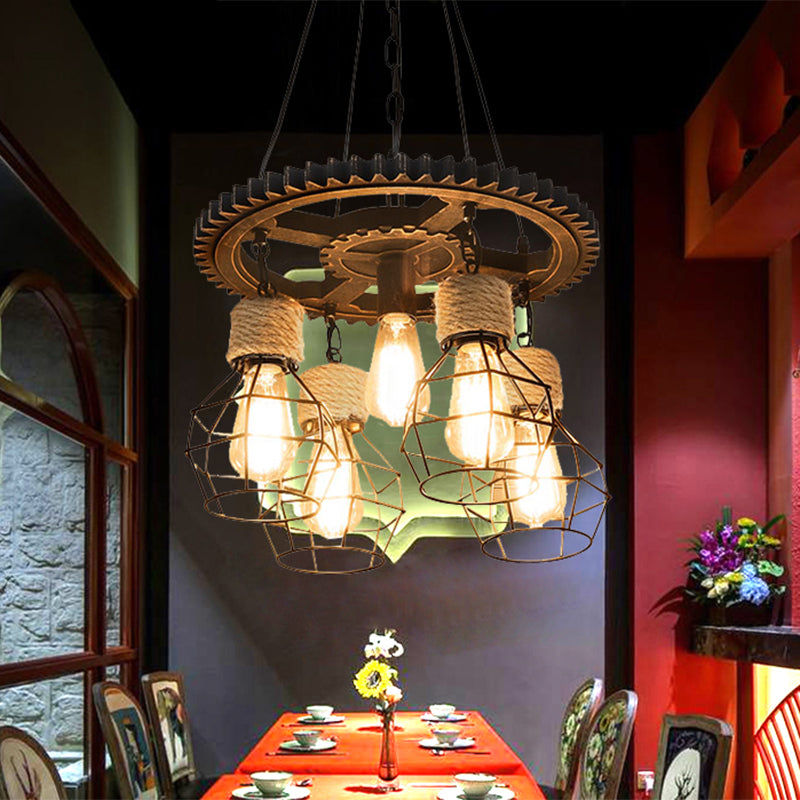 5/7-Head Wire Guard Suspended Lamp with Gear Deco Antique Stylish Black Finish Iron Pendant Light Fixture Clearhalo 'Art Deco Pendants' 'Black' 'Cast Iron' 'Ceiling Lights' 'Ceramic' 'Crystal' 'Industrial Pendants' 'Industrial' 'Metal' 'Middle Century Pendants' 'Pendant Lights' 'Pendants' 'Rustic Pendants' 'Tiffany' Lighting' 1871456