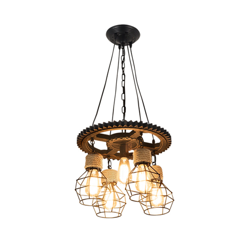 5/7-Head Wire Guard Suspended Lamp with Gear Deco Antique Stylish Black Finish Iron Pendant Light Fixture Clearhalo 'Art Deco Pendants' 'Black' 'Cast Iron' 'Ceiling Lights' 'Ceramic' 'Crystal' 'Industrial Pendants' 'Industrial' 'Metal' 'Middle Century Pendants' 'Pendant Lights' 'Pendants' 'Rustic Pendants' 'Tiffany' Lighting' 1871458