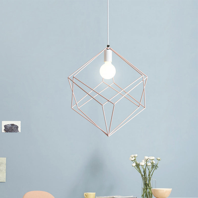 1 Head Cube Cage Pendant Light Macaron Iron Undertint Hanging Lamp for Dining Table Hallway Clearhalo 'Ceiling Lights' 'Modern Pendants' 'Modern' 'Pendant Lights' 'Pendants' Lighting' 1871558