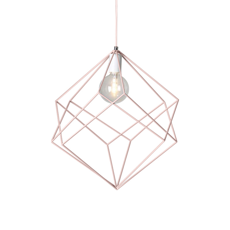 1 Head Cube Cage Pendant Light Macaron Iron Undertint Hanging Lamp for Dining Table Hallway Clearhalo 'Ceiling Lights' 'Modern Pendants' 'Modern' 'Pendant Lights' 'Pendants' Lighting' 1871560