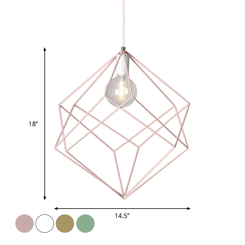 1 Head Cube Cage Pendant Light Macaron Iron Undertint Hanging Lamp for Dining Table Hallway Clearhalo 'Ceiling Lights' 'Modern Pendants' 'Modern' 'Pendant Lights' 'Pendants' Lighting' 1871561