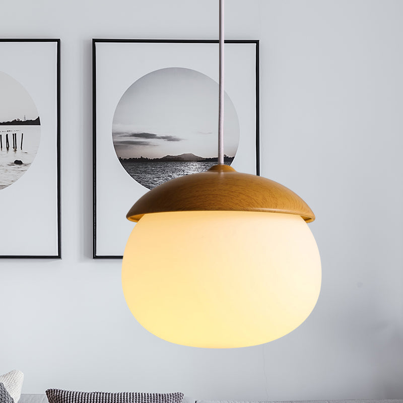 1 Light Nut Shaped Hanging Light Japanese Style Glass & Wood Pendant Light in White for Shop Wood B Clearhalo 'Ceiling Lights' 'Modern Pendants' 'Modern' 'Pendant Lights' 'Pendants' Lighting' 1871661