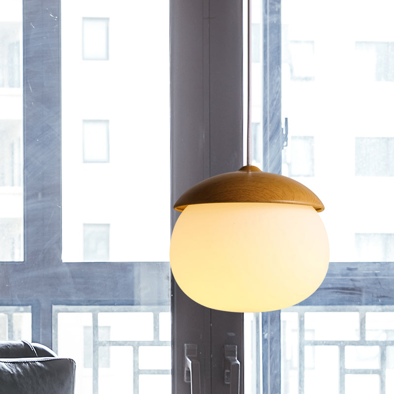 1 Light Nut Shaped Hanging Light Japanese Style Glass & Wood Pendant Light in White for Shop Clearhalo 'Ceiling Lights' 'Modern Pendants' 'Modern' 'Pendant Lights' 'Pendants' Lighting' 1871662