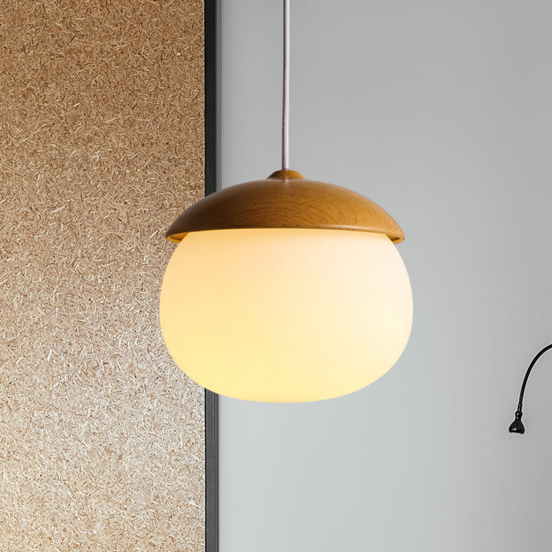 1 Light Nut Shaped Hanging Light Japanese Style Glass & Wood Pendant Light in White for Shop Clearhalo 'Ceiling Lights' 'Modern Pendants' 'Modern' 'Pendant Lights' 'Pendants' Lighting' 1871663