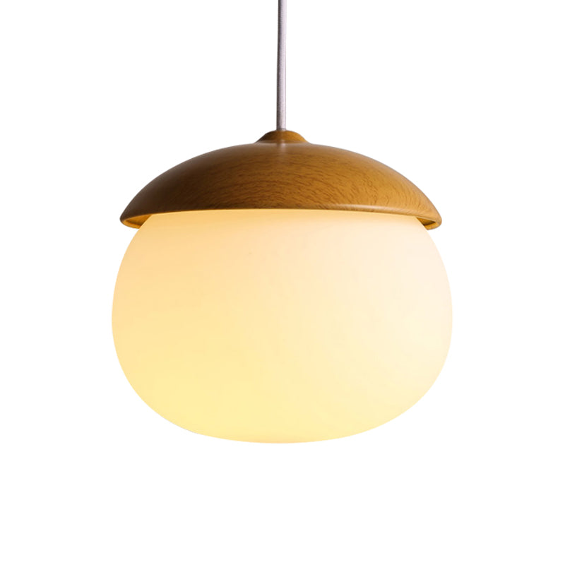 1 Light Nut Shaped Hanging Light Japanese Style Glass & Wood Pendant Light in White for Shop Clearhalo 'Ceiling Lights' 'Modern Pendants' 'Modern' 'Pendant Lights' 'Pendants' Lighting' 1871664