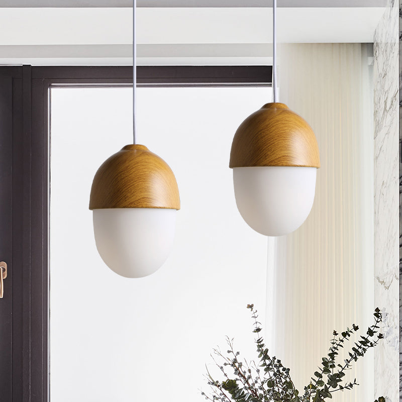 1 Light Nut Shaped Hanging Light Japanese Style Glass & Wood Pendant Light in White for Shop Clearhalo 'Ceiling Lights' 'Modern Pendants' 'Modern' 'Pendant Lights' 'Pendants' Lighting' 1871673
