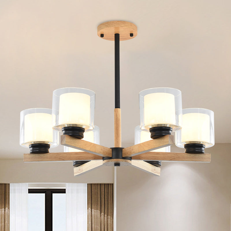 Double Glass Cylinder Shade Hanging Chandelier 3/6 Light Wooden Ceiling Lamp for Living Room 6 Black Clearhalo 'Carpenter Chandeliers' 'Ceiling Lights' 'Chandeliers' 'Industrial' 'Modern Chandeliers' 'Modern' Lighting' 1871701