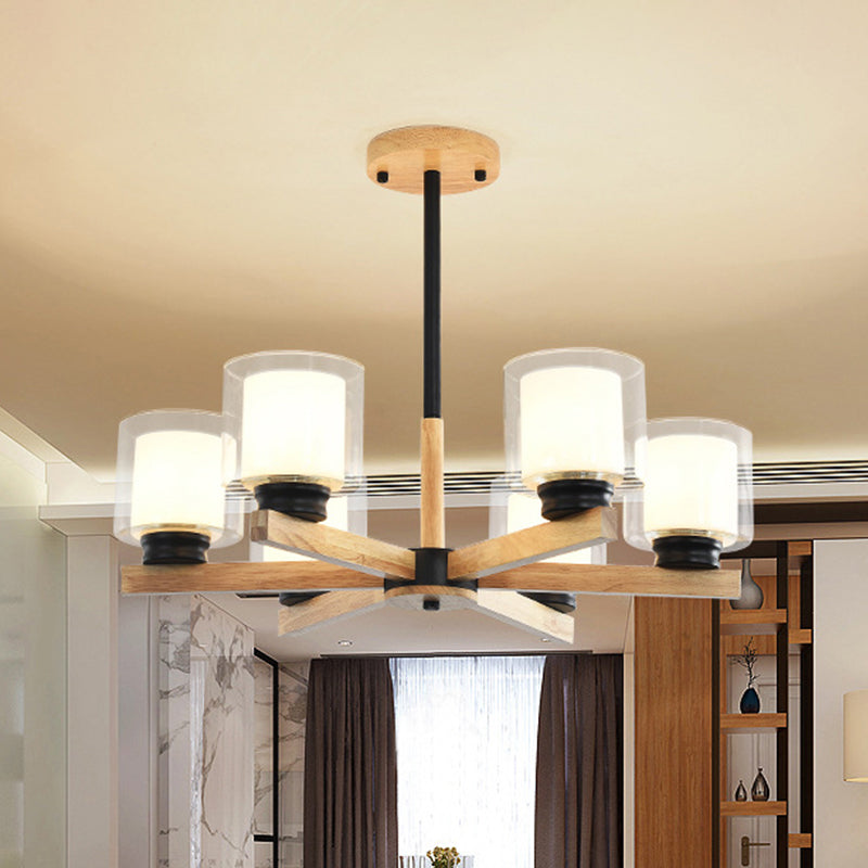 Double Glass Cylinder Shade Hanging Chandelier 3/6 Light Wooden Ceiling Lamp for Living Room Clearhalo 'Carpenter Chandeliers' 'Ceiling Lights' 'Chandeliers' 'Industrial' 'Modern Chandeliers' 'Modern' Lighting' 1871702