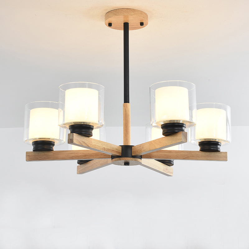 Double Glass Cylinder Shade Hanging Chandelier 3/6 Light Wooden Ceiling Lamp for Living Room Clearhalo 'Carpenter Chandeliers' 'Ceiling Lights' 'Chandeliers' 'Industrial' 'Modern Chandeliers' 'Modern' Lighting' 1871703