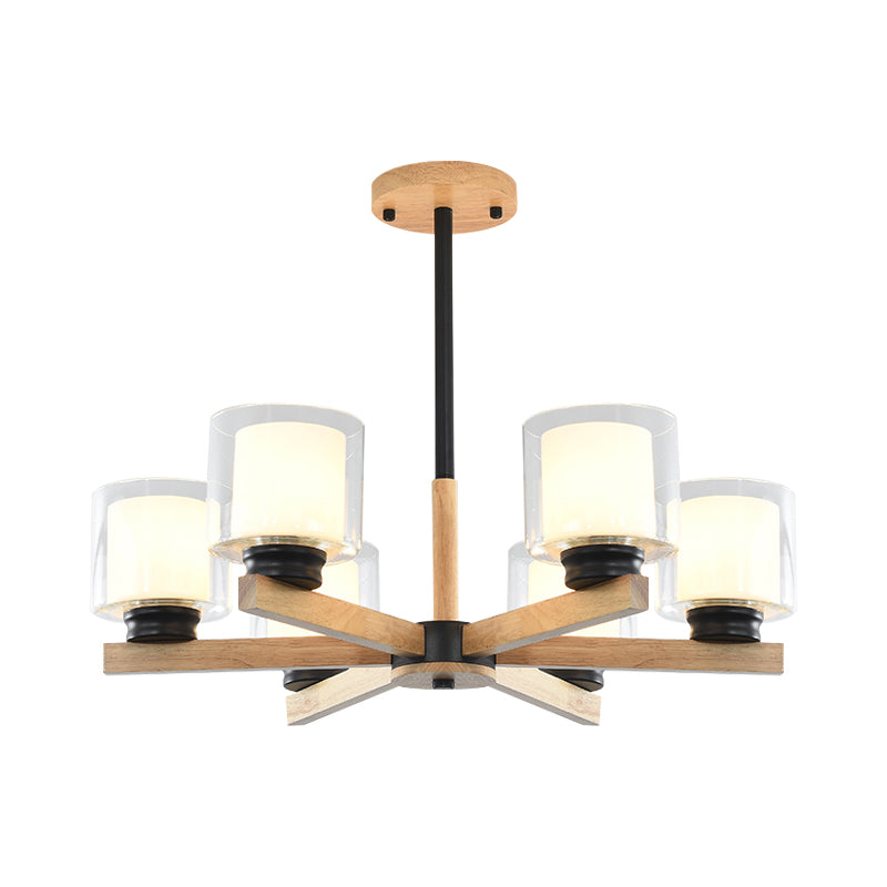 Double Glass Cylinder Shade Hanging Chandelier 3/6 Light Wooden Ceiling Lamp for Living Room Clearhalo 'Carpenter Chandeliers' 'Ceiling Lights' 'Chandeliers' 'Industrial' 'Modern Chandeliers' 'Modern' Lighting' 1871704