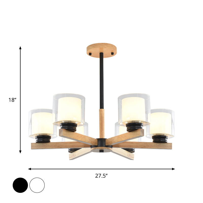 Double Glass Cylinder Shade Hanging Chandelier 3/6 Light Wooden Ceiling Lamp for Living Room Clearhalo 'Carpenter Chandeliers' 'Ceiling Lights' 'Chandeliers' 'Industrial' 'Modern Chandeliers' 'Modern' Lighting' 1871705