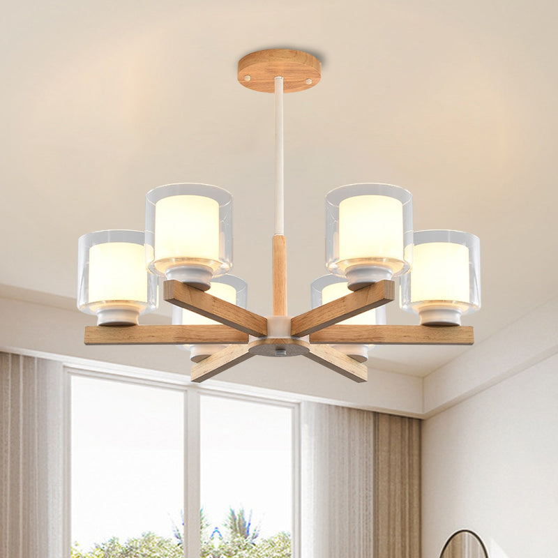 Double Glass Cylinder Shade Hanging Chandelier 3/6 Light Wooden Ceiling Lamp for Living Room 6 White Clearhalo 'Carpenter Chandeliers' 'Ceiling Lights' 'Chandeliers' 'Industrial' 'Modern Chandeliers' 'Modern' Lighting' 1871706