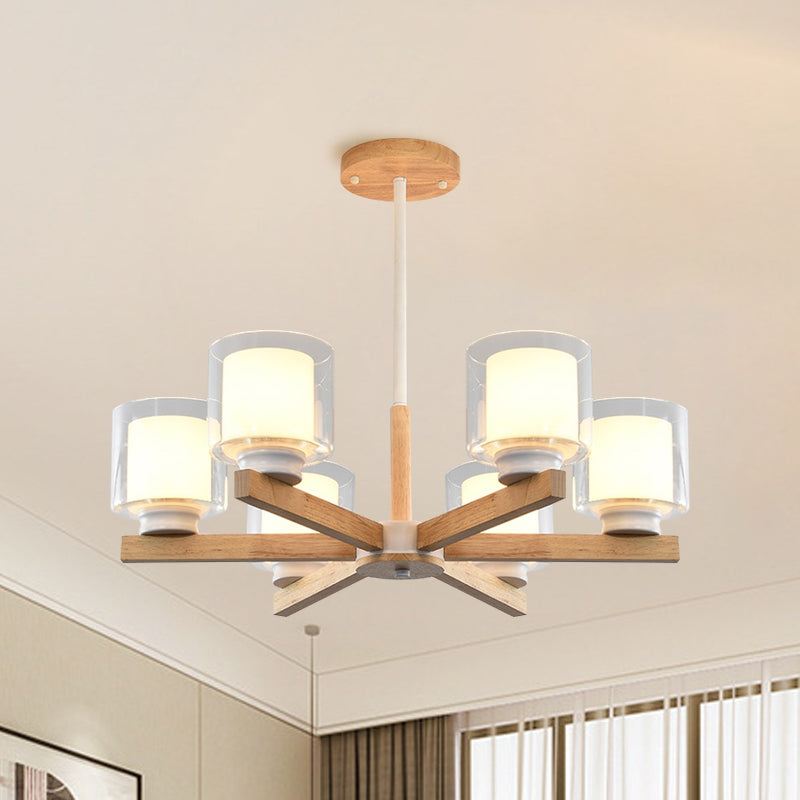 Double Glass Cylinder Shade Hanging Chandelier 3/6 Light Wooden Ceiling Lamp for Living Room Clearhalo 'Carpenter Chandeliers' 'Ceiling Lights' 'Chandeliers' 'Industrial' 'Modern Chandeliers' 'Modern' Lighting' 1871707