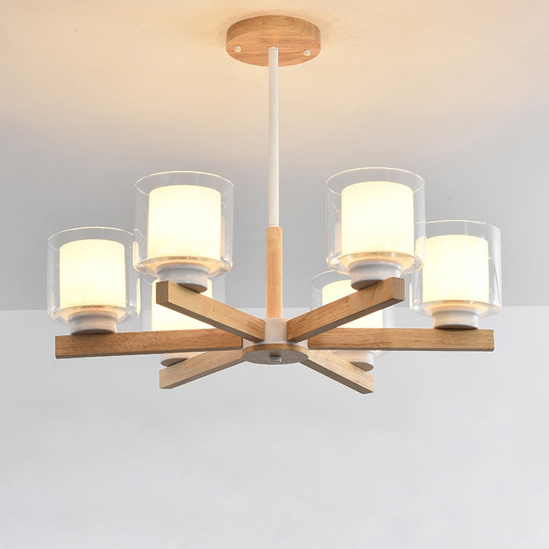 Double Glass Cylinder Shade Hanging Chandelier 3/6 Light Wooden Ceiling Lamp for Living Room Clearhalo 'Carpenter Chandeliers' 'Ceiling Lights' 'Chandeliers' 'Industrial' 'Modern Chandeliers' 'Modern' Lighting' 1871708