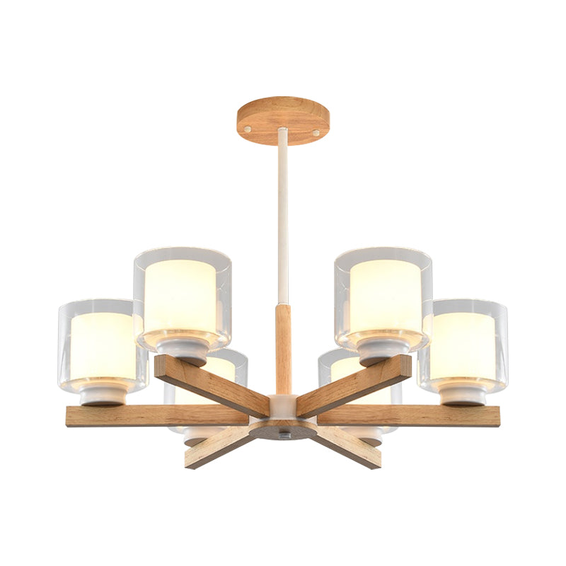 Double Glass Cylinder Shade Hanging Chandelier 3/6 Light Wooden Ceiling Lamp for Living Room Clearhalo 'Carpenter Chandeliers' 'Ceiling Lights' 'Chandeliers' 'Industrial' 'Modern Chandeliers' 'Modern' Lighting' 1871709