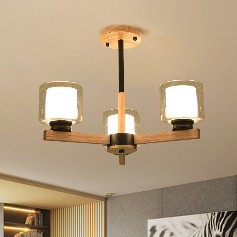 Double Glass Cylinder Shade Hanging Chandelier 3/6 Light Wooden Ceiling Lamp for Living Room Clearhalo 'Carpenter Chandeliers' 'Ceiling Lights' 'Chandeliers' 'Industrial' 'Modern Chandeliers' 'Modern' Lighting' 1871711
