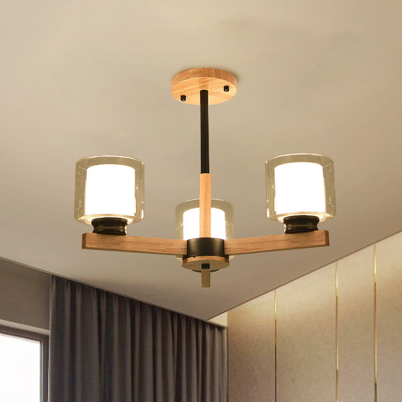 Double Glass Cylinder Shade Hanging Chandelier 3/6 Light Wooden Ceiling Lamp for Living Room Clearhalo 'Carpenter Chandeliers' 'Ceiling Lights' 'Chandeliers' 'Industrial' 'Modern Chandeliers' 'Modern' Lighting' 1871712
