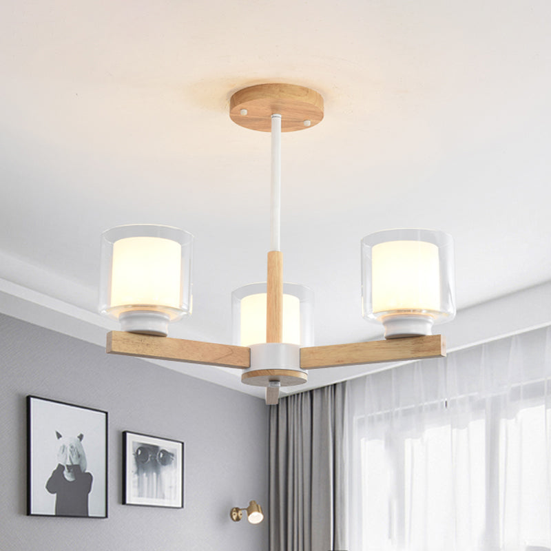 Double Glass Cylinder Shade Hanging Chandelier 3/6 Light Wooden Ceiling Lamp for Living Room 3 White Clearhalo 'Carpenter Chandeliers' 'Ceiling Lights' 'Chandeliers' 'Industrial' 'Modern Chandeliers' 'Modern' Lighting' 1871715