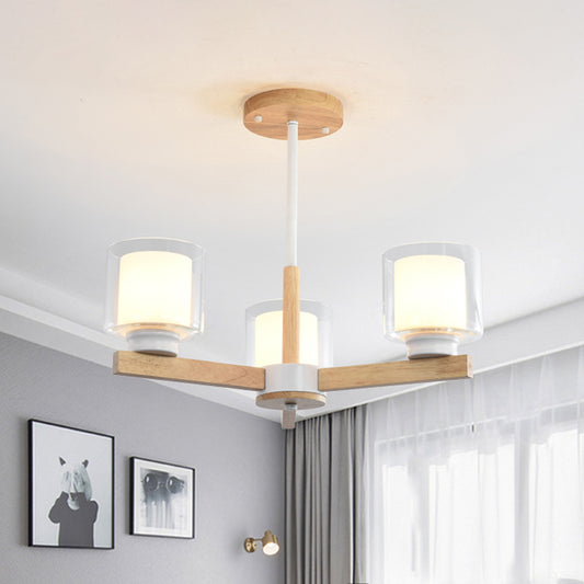 Double Glass Cylinder Shade Hanging Chandelier 3/6 Light Wooden Ceiling Lamp for Living Room