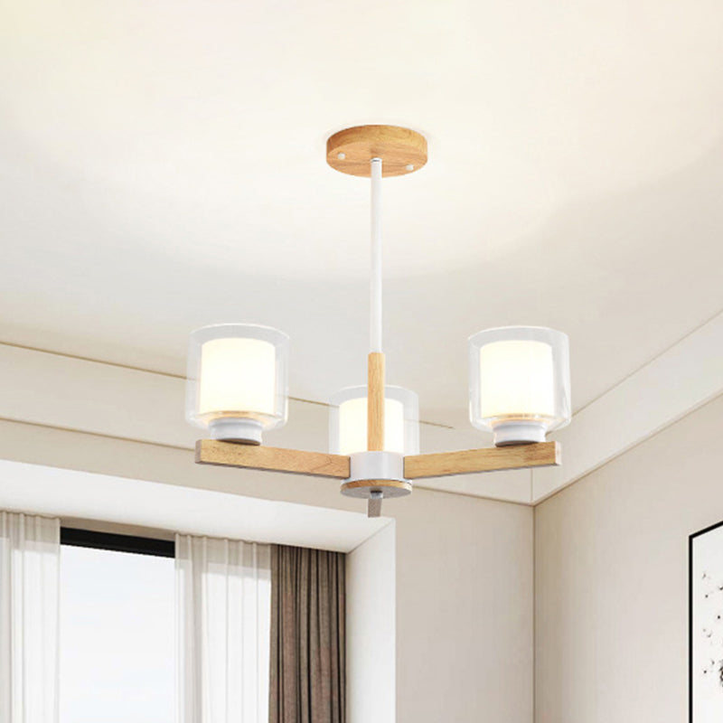 Double Glass Cylinder Shade Hanging Chandelier 3/6 Light Wooden Ceiling Lamp for Living Room Clearhalo 'Carpenter Chandeliers' 'Ceiling Lights' 'Chandeliers' 'Industrial' 'Modern Chandeliers' 'Modern' Lighting' 1871716