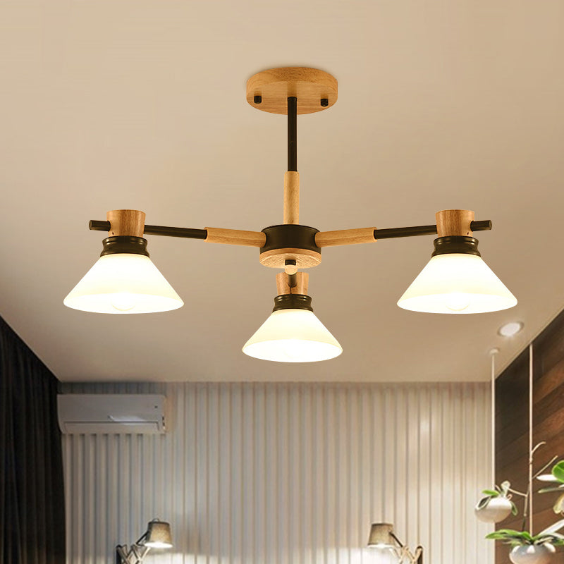 Black/Gold Branch Cone Shade Pendant Chandelier Modern Glass and Wood Hanging Light for Sitting Room 3 Black Clearhalo 'Carpenter Chandeliers' 'Ceiling Lights' 'Chandeliers' 'Industrial' 'Modern Chandeliers' 'Modern' Lighting' 1871728