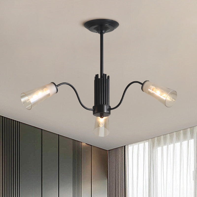 Glass Tapered Shade Hanging Pendant Light Living Room 3/6/8 Lights Modern Metal Branch Chandelier Light in Black Clearhalo 'Ceiling Lights' 'Chandeliers' 'Modern Chandeliers' 'Modern' Lighting' 1871738