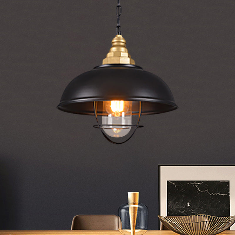 1 Light Bowl Suspension Lamp with Wire Cage Nautical Black Finish Metallic Ceiling Light for Restaurant Black Clearhalo 'Ceiling Lights' 'Glass shade' 'Glass' 'Industrial Pendants' 'Industrial' 'Middle Century Pendants' 'Pendant Lights' 'Pendants' 'Tiffany' Lighting' 1871778
