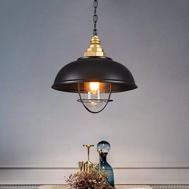 1 Light Bowl Suspension Lamp with Wire Cage Nautical Black Finish Metallic Ceiling Light for Restaurant Clearhalo 'Ceiling Lights' 'Glass shade' 'Glass' 'Industrial Pendants' 'Industrial' 'Middle Century Pendants' 'Pendant Lights' 'Pendants' 'Tiffany' Lighting' 1871780