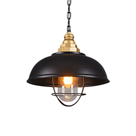 1 Light Bowl Suspension Lamp with Wire Cage Nautical Black Finish Metallic Ceiling Light for Restaurant Clearhalo 'Ceiling Lights' 'Glass shade' 'Glass' 'Industrial Pendants' 'Industrial' 'Middle Century Pendants' 'Pendant Lights' 'Pendants' 'Tiffany' Lighting' 1871781