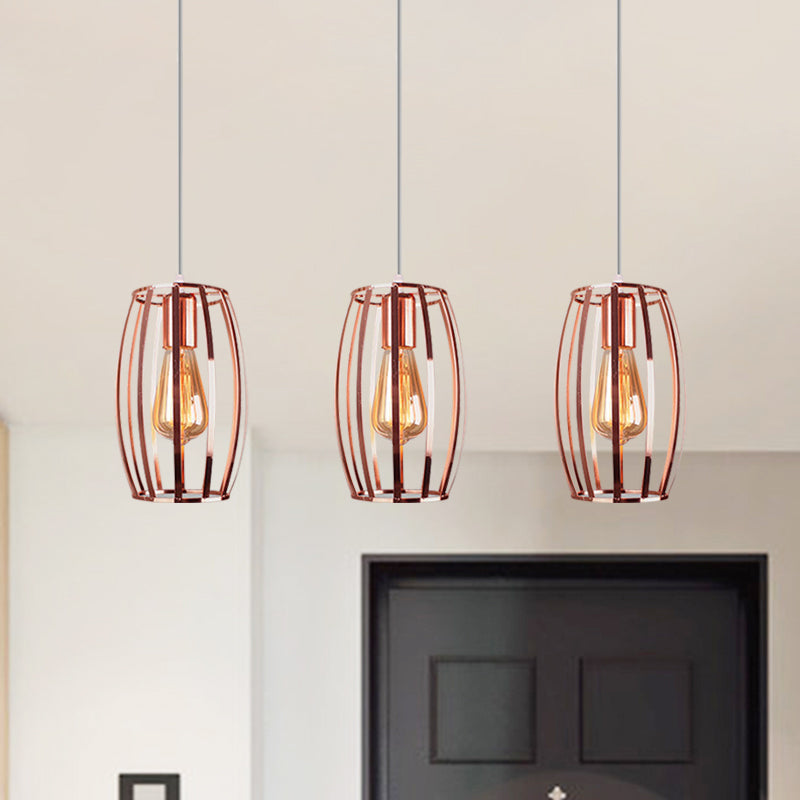 Iron Copper Hanging Lamp Oval Cage Shade 3 Bulbs Industrial Stylish Ceiling Fixture with Round/Linear Canopy for Bedroom Clearhalo 'Art Deco Pendants' 'Cast Iron' 'Ceiling Lights' 'Ceramic' 'Crystal' 'Industrial Pendants' 'Industrial' 'Metal' 'Middle Century Pendants' 'Pendant Lights' 'Pendants' 'Tiffany' Lighting' 1871789