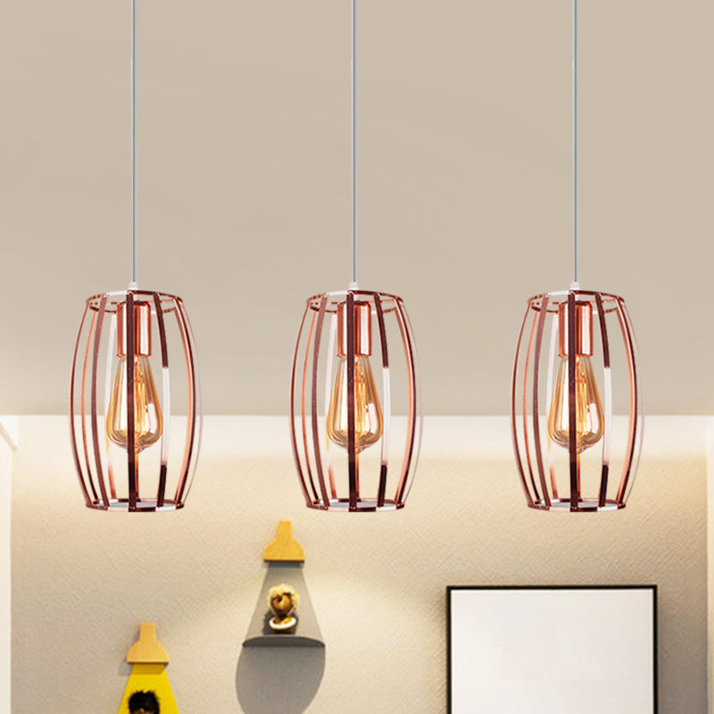 Iron Copper Hanging Lamp Oval Cage Shade 3 Bulbs Industrial Stylish Ceiling Fixture with Round/Linear Canopy for Bedroom Clearhalo 'Art Deco Pendants' 'Cast Iron' 'Ceiling Lights' 'Ceramic' 'Crystal' 'Industrial Pendants' 'Industrial' 'Metal' 'Middle Century Pendants' 'Pendant Lights' 'Pendants' 'Tiffany' Lighting' 1871790