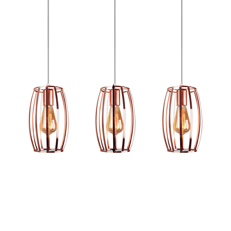 Iron Copper Hanging Lamp Oval Cage Shade 3 Bulbs Industrial Stylish Ceiling Fixture with Round/Linear Canopy for Bedroom Clearhalo 'Art Deco Pendants' 'Cast Iron' 'Ceiling Lights' 'Ceramic' 'Crystal' 'Industrial Pendants' 'Industrial' 'Metal' 'Middle Century Pendants' 'Pendant Lights' 'Pendants' 'Tiffany' Lighting' 1871791