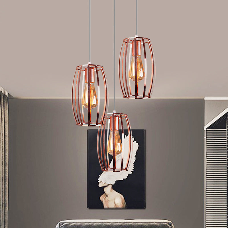 Iron Copper Hanging Lamp Oval Cage Shade 3 Bulbs Industrial Stylish Ceiling Fixture with Round/Linear Canopy for Bedroom Clearhalo 'Art Deco Pendants' 'Cast Iron' 'Ceiling Lights' 'Ceramic' 'Crystal' 'Industrial Pendants' 'Industrial' 'Metal' 'Middle Century Pendants' 'Pendant Lights' 'Pendants' 'Tiffany' Lighting' 1871794