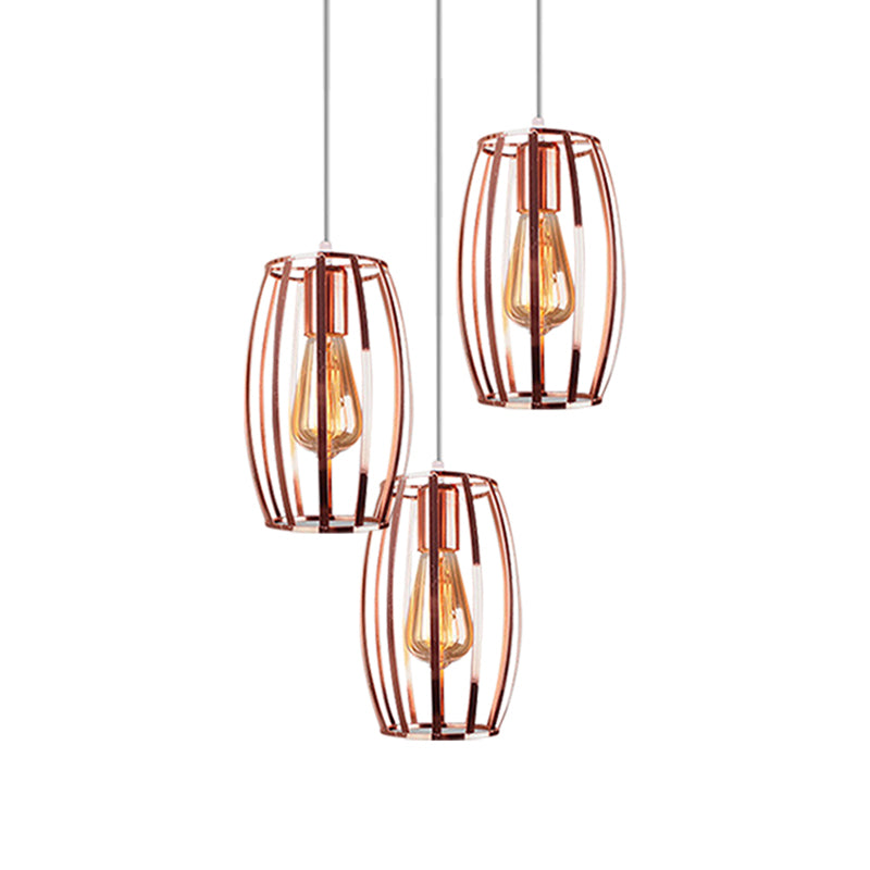 Iron Copper Hanging Lamp Oval Cage Shade 3 Bulbs Industrial Stylish Ceiling Fixture with Round/Linear Canopy for Bedroom Clearhalo 'Art Deco Pendants' 'Cast Iron' 'Ceiling Lights' 'Ceramic' 'Crystal' 'Industrial Pendants' 'Industrial' 'Metal' 'Middle Century Pendants' 'Pendant Lights' 'Pendants' 'Tiffany' Lighting' 1871796