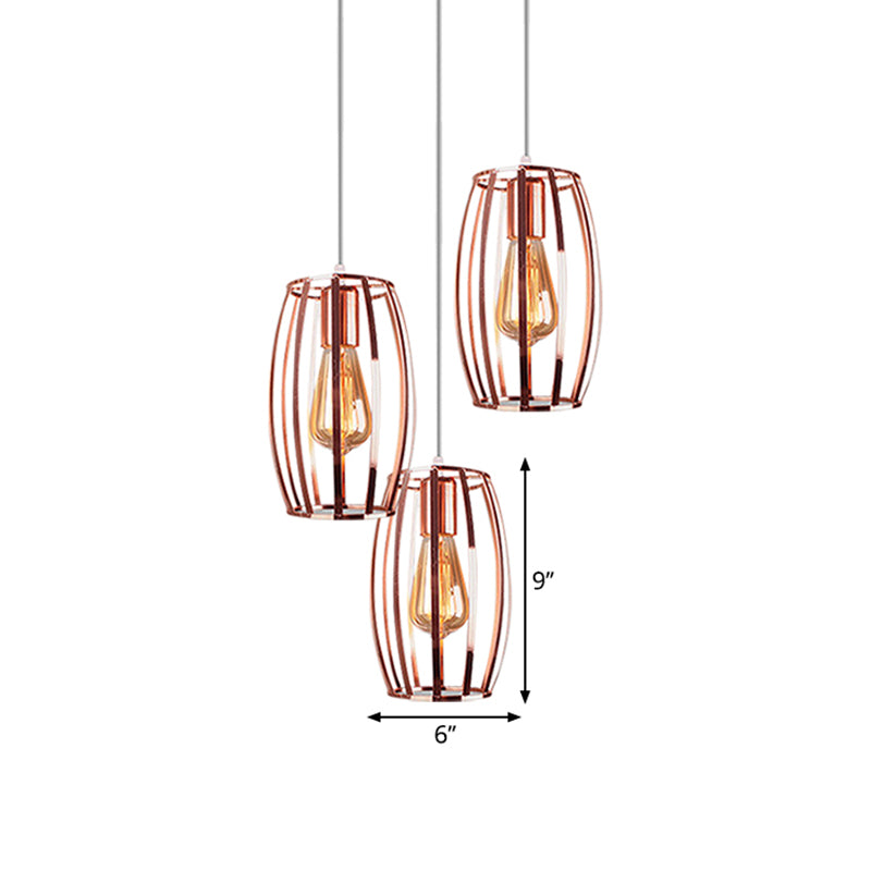 Iron Copper Hanging Lamp Oval Cage Shade 3 Bulbs Industrial Stylish Ceiling Fixture with Round/Linear Canopy for Bedroom Clearhalo 'Art Deco Pendants' 'Cast Iron' 'Ceiling Lights' 'Ceramic' 'Crystal' 'Industrial Pendants' 'Industrial' 'Metal' 'Middle Century Pendants' 'Pendant Lights' 'Pendants' 'Tiffany' Lighting' 1871797