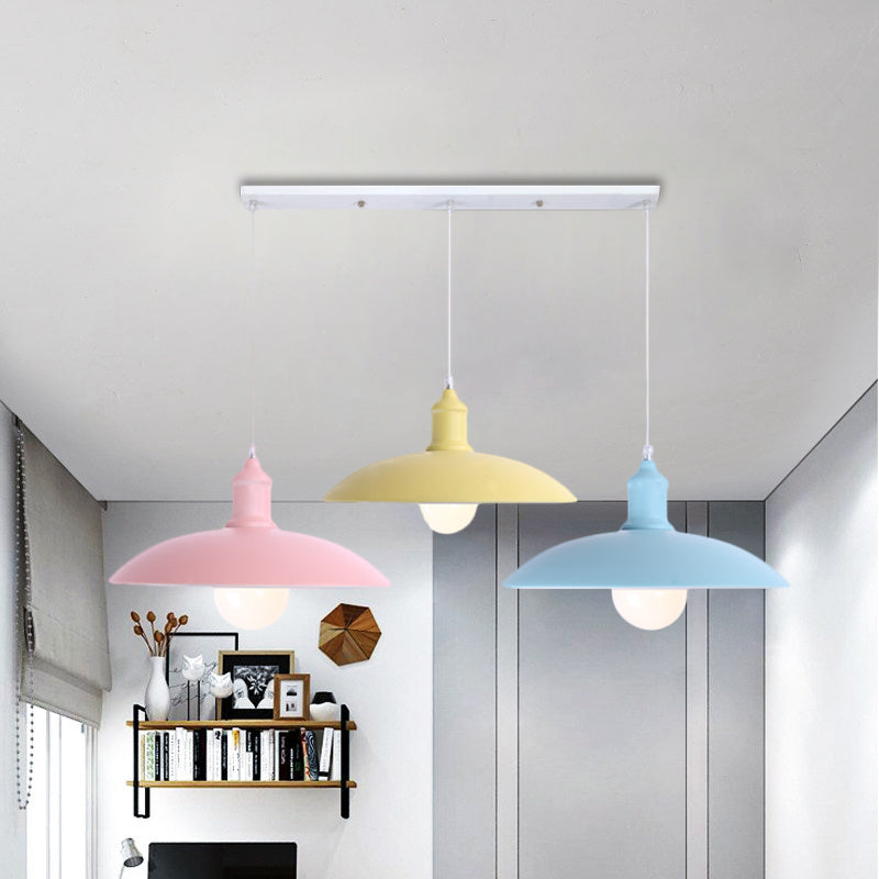 Multi Colored Saucer/Dome Shade Ceiling Light Industrial Style Metallic 3 Heads Kitchen Suspension Lamp Clearhalo 'Art Deco Pendants' 'Cast Iron' 'Ceiling Lights' 'Ceramic' 'Crystal' 'Industrial Pendants' 'Industrial' 'Metal' 'Middle Century Pendants' 'Pendant Lights' 'Pendants' 'Tiffany' Lighting' 1871804