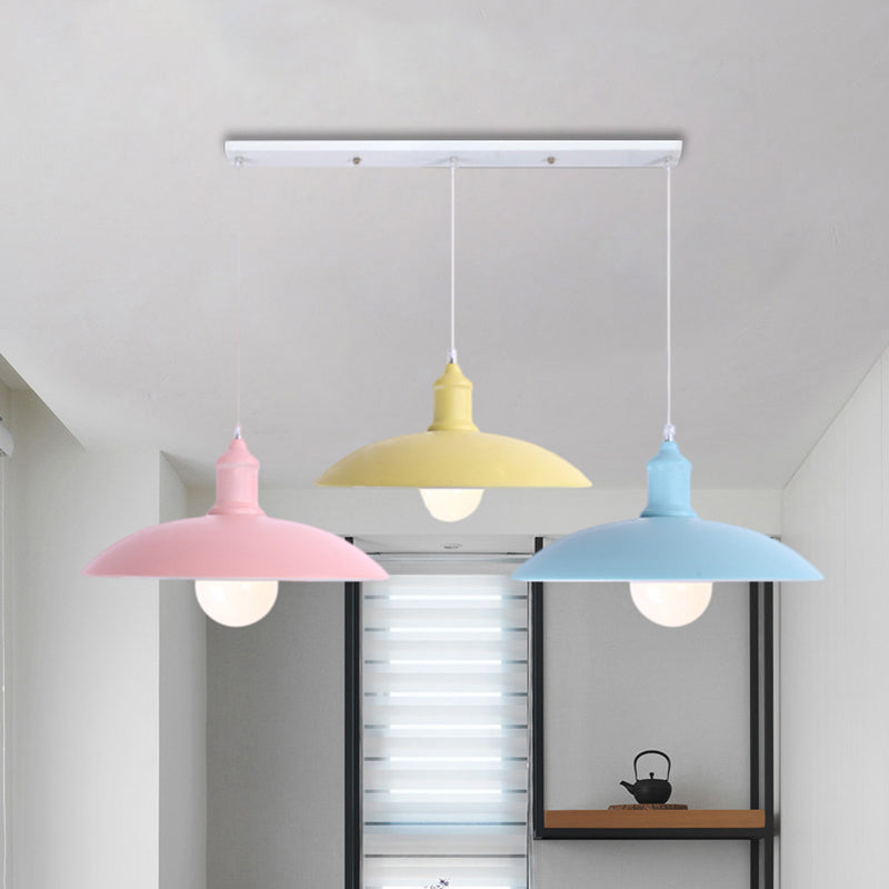 Multi Colored Saucer/Dome Shade Ceiling Light Industrial Style Metallic 3 Heads Kitchen Suspension Lamp Clearhalo 'Art Deco Pendants' 'Cast Iron' 'Ceiling Lights' 'Ceramic' 'Crystal' 'Industrial Pendants' 'Industrial' 'Metal' 'Middle Century Pendants' 'Pendant Lights' 'Pendants' 'Tiffany' Lighting' 1871805