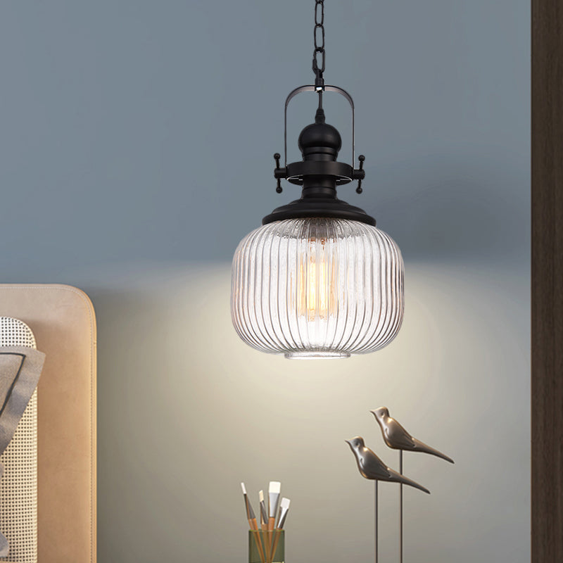 Black Cylinder/Oval Ceiling Light Industrial Striped Glass 1 Light Living Room Pendant Lighting Fixture Clearhalo 'Ceiling Lights' 'Glass shade' 'Glass' 'Industrial Pendants' 'Industrial' 'Middle Century Pendants' 'Pendant Lights' 'Pendants' 'Tiffany' Lighting' 1871874