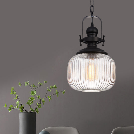 Black Cylinder/Oval Ceiling Light Industrial Striped Glass 1 Light Living Room Pendant Lighting Fixture Clearhalo 'Ceiling Lights' 'Glass shade' 'Glass' 'Industrial Pendants' 'Industrial' 'Middle Century Pendants' 'Pendant Lights' 'Pendants' 'Tiffany' Lighting' 1871875