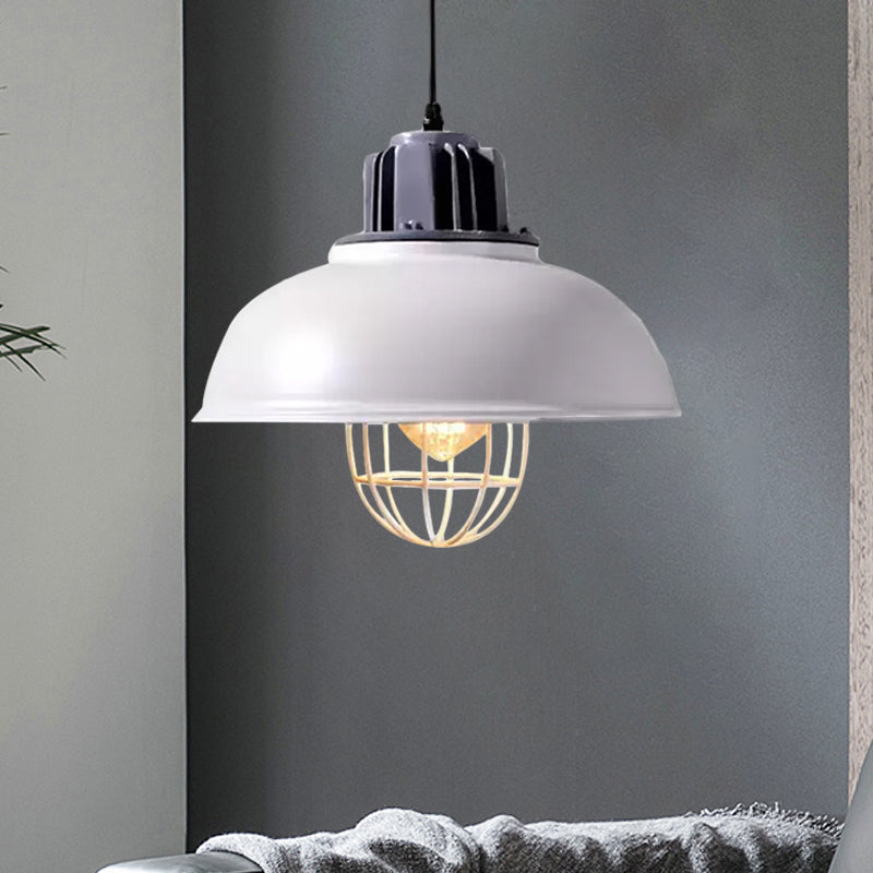 Metallic Dome Shade Hanging Lamp Vintage Stylish 1 Bulb Restaurant Suspended Light with Wire Cage in Black/White Clearhalo 'Art Deco Pendants' 'Black' 'Cast Iron' 'Ceiling Lights' 'Ceramic' 'Crystal' 'Industrial Pendants' 'Industrial' 'Metal' 'Middle Century Pendants' 'Pendant Lights' 'Pendants' 'Rustic Pendants' 'Tiffany' Lighting' 1871924