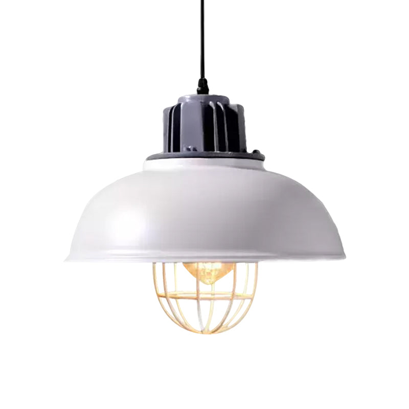 Metallic Dome Shade Hanging Lamp Vintage Stylish 1 Bulb Restaurant Suspended Light with Wire Cage in Black/White Clearhalo 'Art Deco Pendants' 'Black' 'Cast Iron' 'Ceiling Lights' 'Ceramic' 'Crystal' 'Industrial Pendants' 'Industrial' 'Metal' 'Middle Century Pendants' 'Pendant Lights' 'Pendants' 'Rustic Pendants' 'Tiffany' Lighting' 1871926