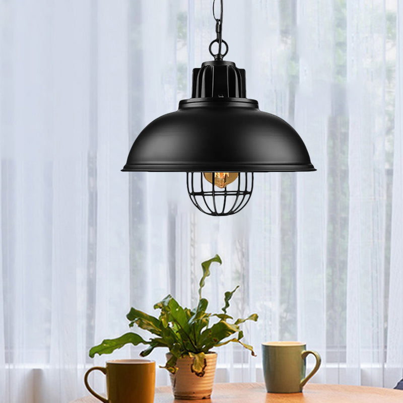 Metallic Dome Shade Hanging Lamp Vintage Stylish 1 Bulb Restaurant Suspended Light with Wire Cage in Black/White Clearhalo 'Art Deco Pendants' 'Black' 'Cast Iron' 'Ceiling Lights' 'Ceramic' 'Crystal' 'Industrial Pendants' 'Industrial' 'Metal' 'Middle Century Pendants' 'Pendant Lights' 'Pendants' 'Rustic Pendants' 'Tiffany' Lighting' 1871929
