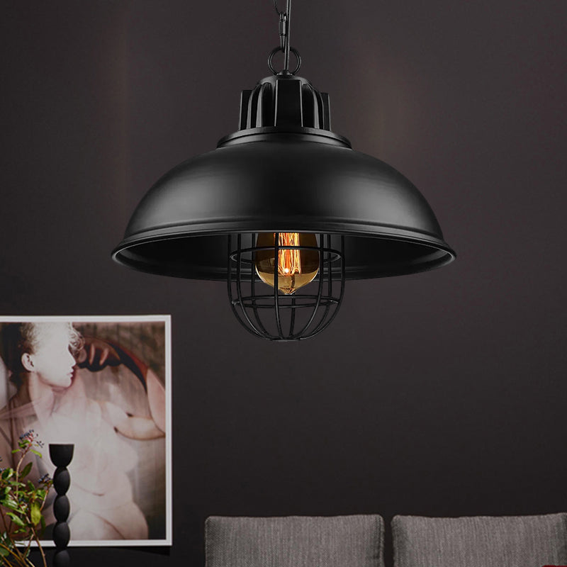 Metallic Dome Shade Hanging Lamp Vintage Stylish 1 Bulb Restaurant Suspended Light with Wire Cage in Black/White Clearhalo 'Art Deco Pendants' 'Black' 'Cast Iron' 'Ceiling Lights' 'Ceramic' 'Crystal' 'Industrial Pendants' 'Industrial' 'Metal' 'Middle Century Pendants' 'Pendant Lights' 'Pendants' 'Rustic Pendants' 'Tiffany' Lighting' 1871949