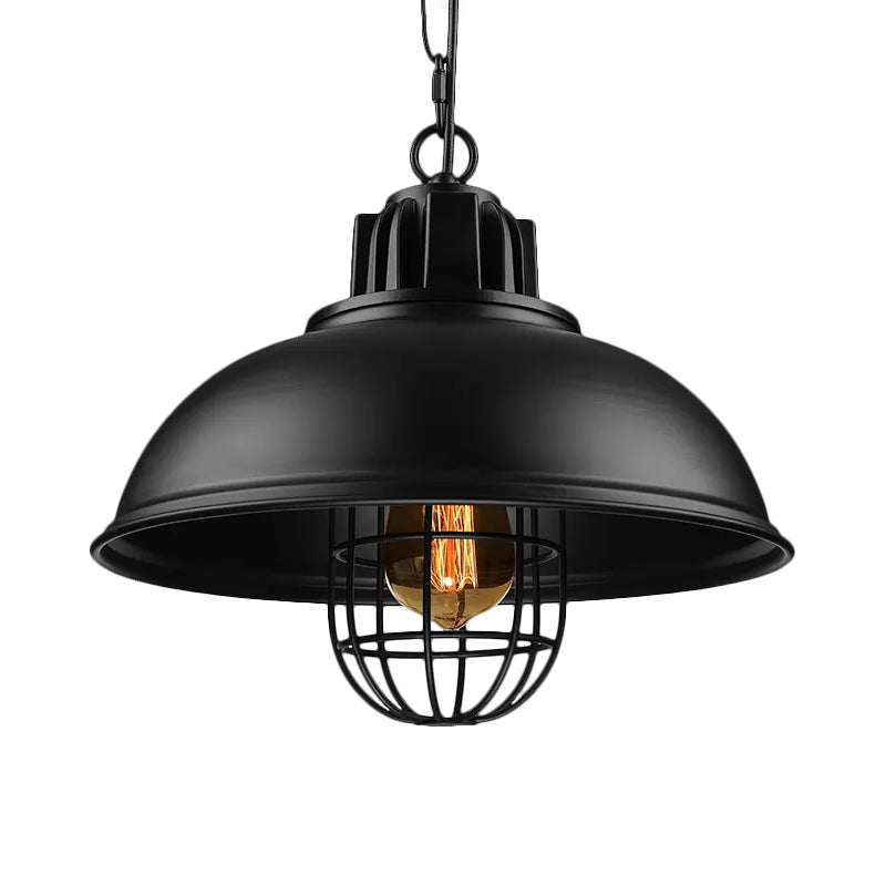Metallic Dome Shade Hanging Lamp Vintage Stylish 1 Bulb Restaurant Suspended Light with Wire Cage in Black/White Clearhalo 'Art Deco Pendants' 'Black' 'Cast Iron' 'Ceiling Lights' 'Ceramic' 'Crystal' 'Industrial Pendants' 'Industrial' 'Metal' 'Middle Century Pendants' 'Pendant Lights' 'Pendants' 'Rustic Pendants' 'Tiffany' Lighting' 1871951