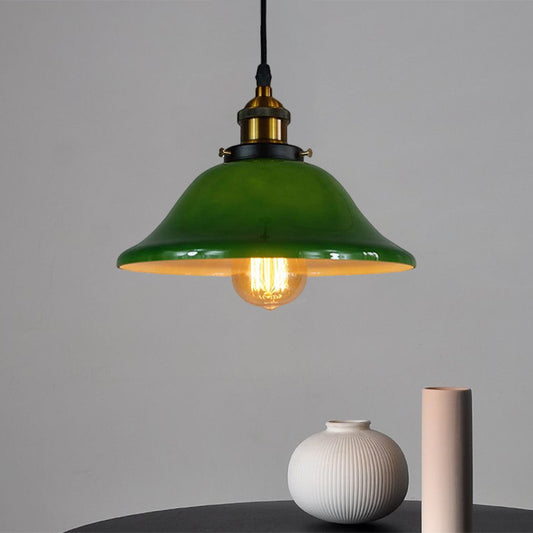 Brass Flared Pendant Fixture Antique Green Glass 1 Light Living Room Hanging Ceiling Light with Adjustable Pulley Clearhalo 'Ceiling Lights' 'Glass shade' 'Glass' 'Industrial Pendants' 'Industrial' 'Middle Century Pendants' 'Pendant Lights' 'Pendants' 'Tiffany' Lighting' 1872001