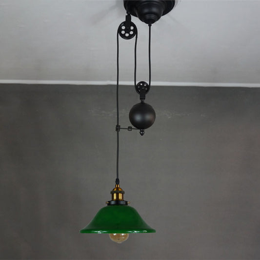 Brass Flared Pendant Fixture Antique Green Glass 1 Light Living Room Hanging Ceiling Light with Adjustable Pulley Clearhalo 'Ceiling Lights' 'Glass shade' 'Glass' 'Industrial Pendants' 'Industrial' 'Middle Century Pendants' 'Pendant Lights' 'Pendants' 'Tiffany' Lighting' 1872002