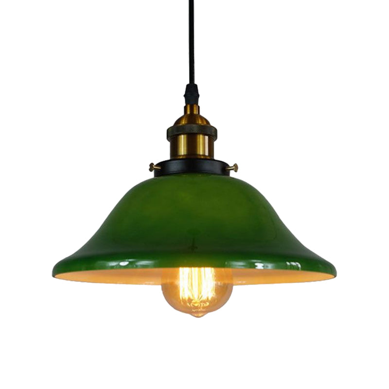 Brass Flared Pendant Fixture Antique Green Glass 1 Light Living Room Hanging Ceiling Light with Adjustable Pulley Clearhalo 'Ceiling Lights' 'Glass shade' 'Glass' 'Industrial Pendants' 'Industrial' 'Middle Century Pendants' 'Pendant Lights' 'Pendants' 'Tiffany' Lighting' 1872003