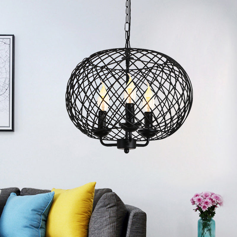 Black 3 Bulbs Hanging Chandelier Lamp Industrial Metal Mesh Drum Shade Ceiling Fixture for Dining Room Clearhalo 'Cast Iron' 'Ceiling Lights' 'Chandeliers' 'Industrial Chandeliers' 'Industrial' 'Metal' 'Middle Century Chandeliers' 'Rustic Chandeliers' 'Tiffany' Lighting' 1872035