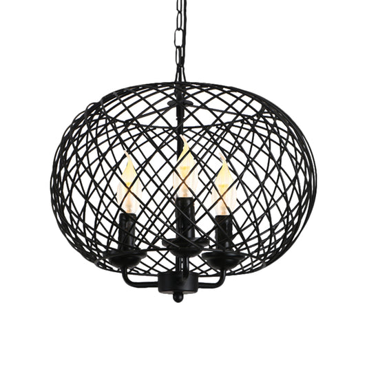 Black 3 Bulbs Hanging Chandelier Lamp Industrial Metal Mesh Drum Shade Ceiling Fixture for Dining Room Clearhalo 'Cast Iron' 'Ceiling Lights' 'Chandeliers' 'Industrial Chandeliers' 'Industrial' 'Metal' 'Middle Century Chandeliers' 'Rustic Chandeliers' 'Tiffany' Lighting' 1872036